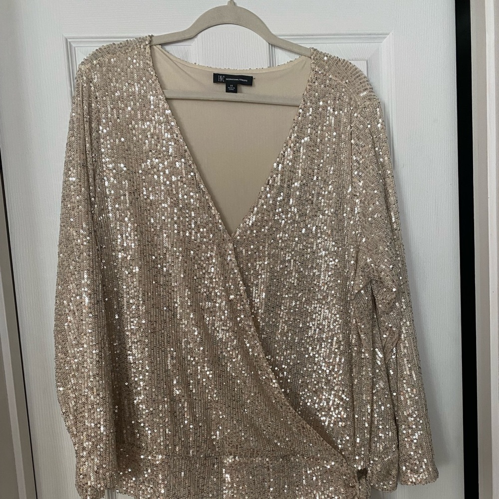 INC International Concepts Gold Sequin Faux Wrap Side Tie Top Size 2X